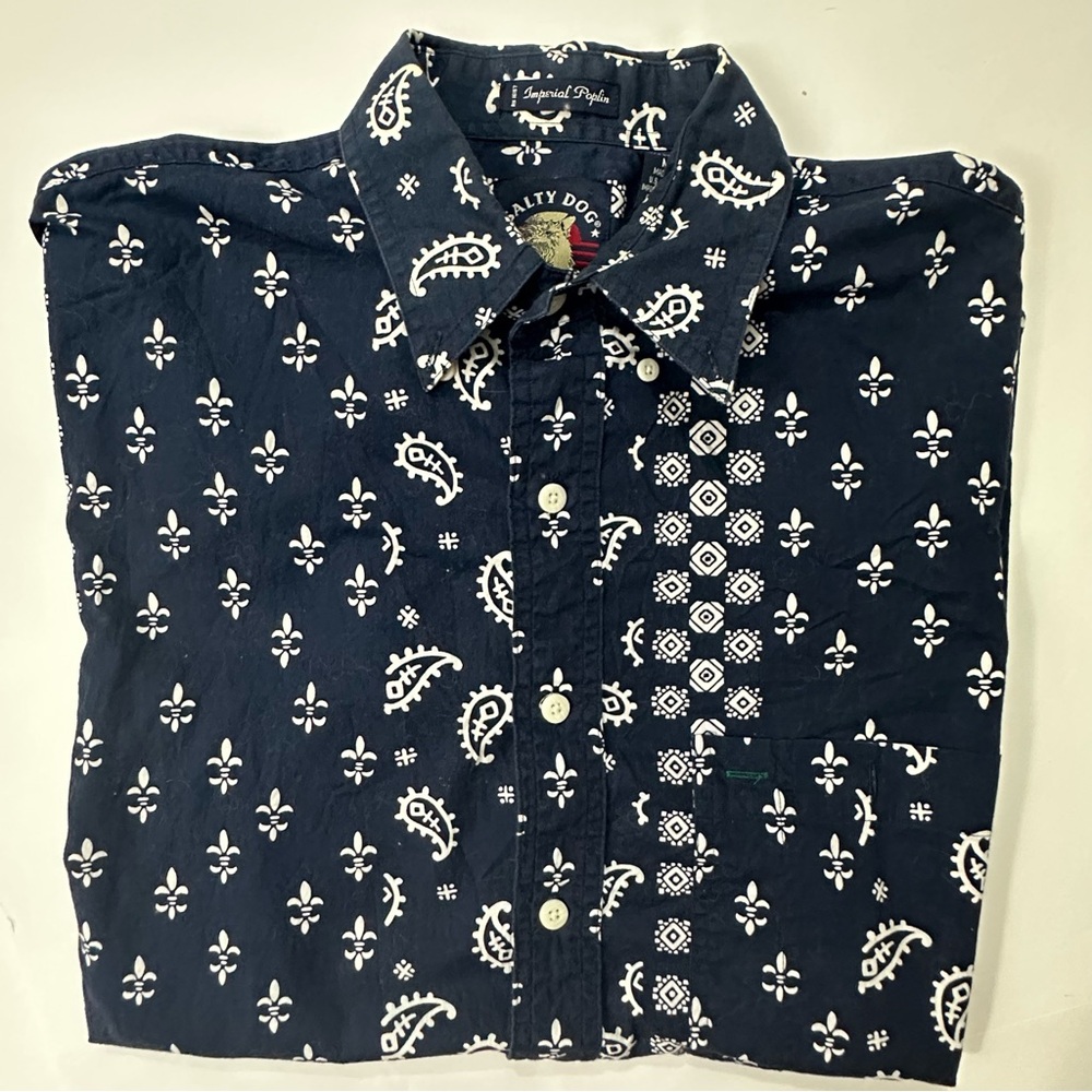 Salty Dog Button up Shirt. Navy blue with white bandana print. Men’s size M